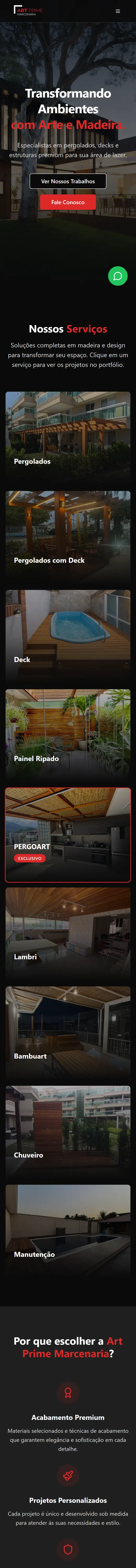 O mesmo site da ArtPrime no celular, com a grade de serviços em uma coluna