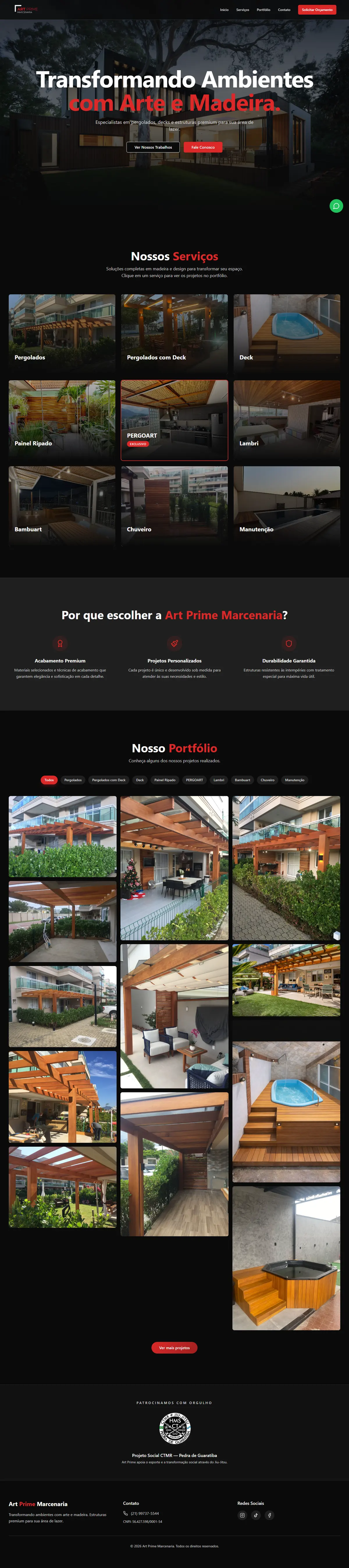 Site da ArtPrime Marcenaria no computador: abertura com foto de pergolado, grade de serviços e portfólio de projetos em madeira
