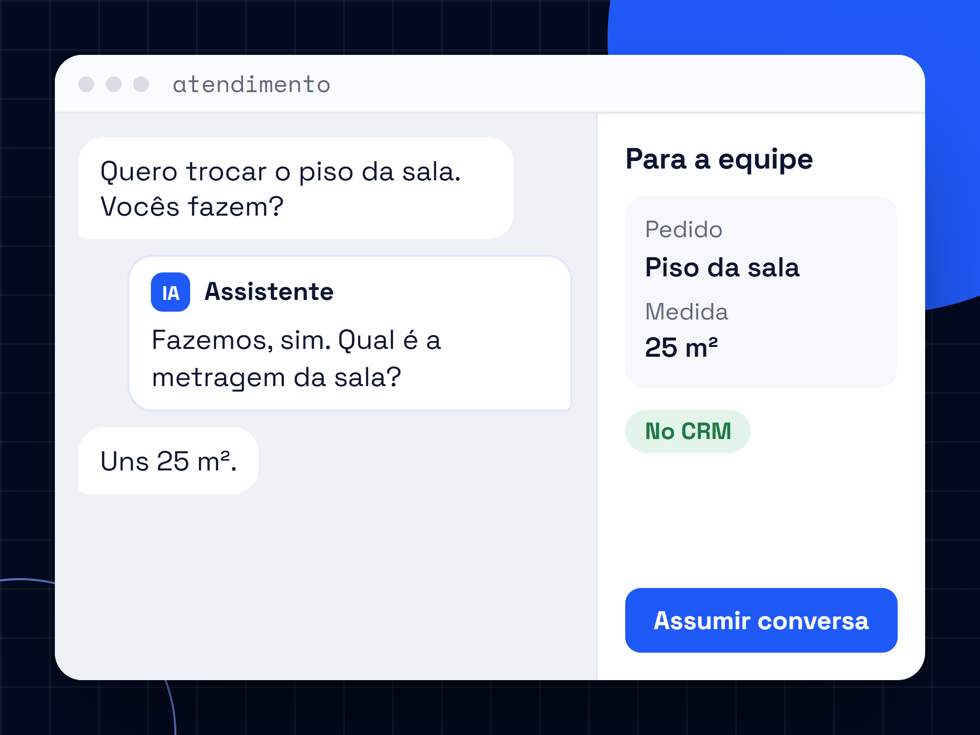 Assistente de IA de exemplo respondendo a um cliente e resumindo o pedido para a equipe
