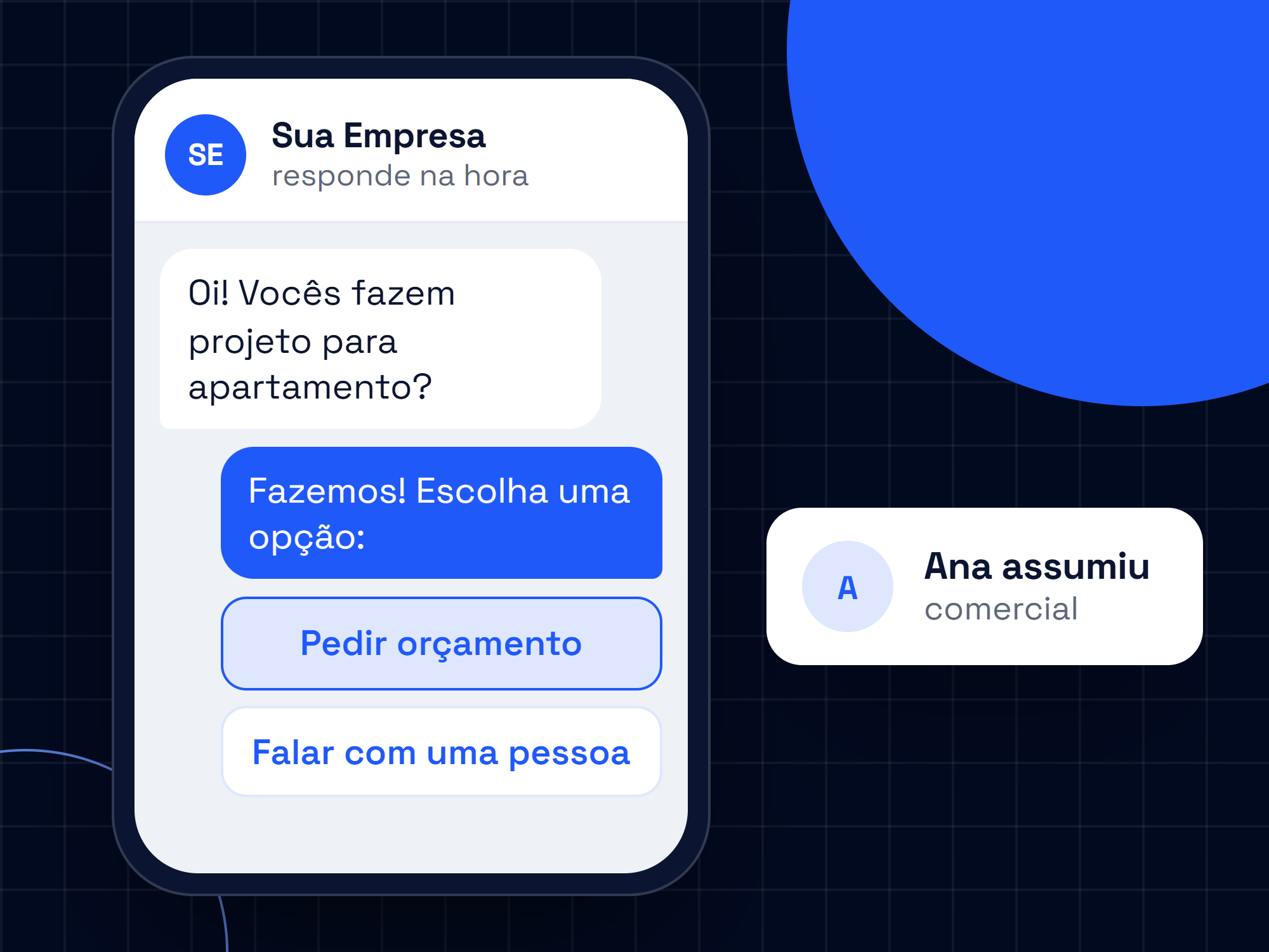 Conversa de WhatsApp de exemplo com respostas automáticas, opções de atendimento e passagem para uma pessoa