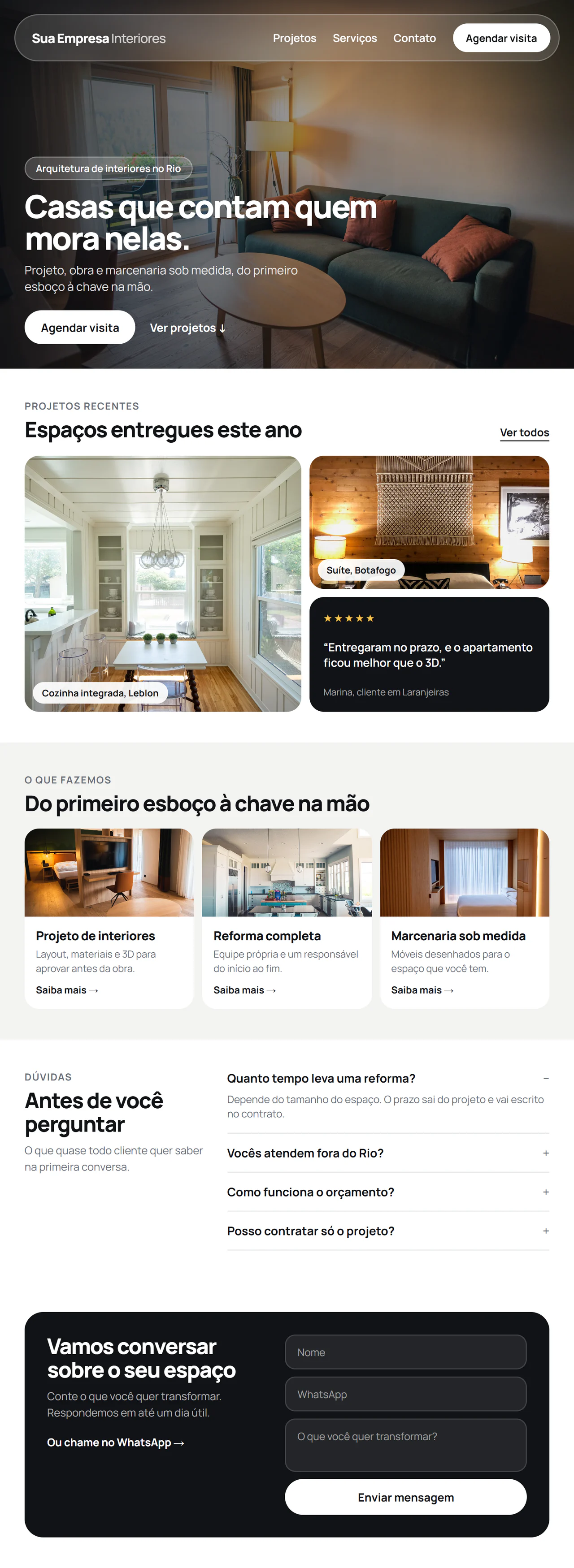 Exemplo de página de site dividida em cinco partes: abertura, prova, oferta, dúvidas e contato