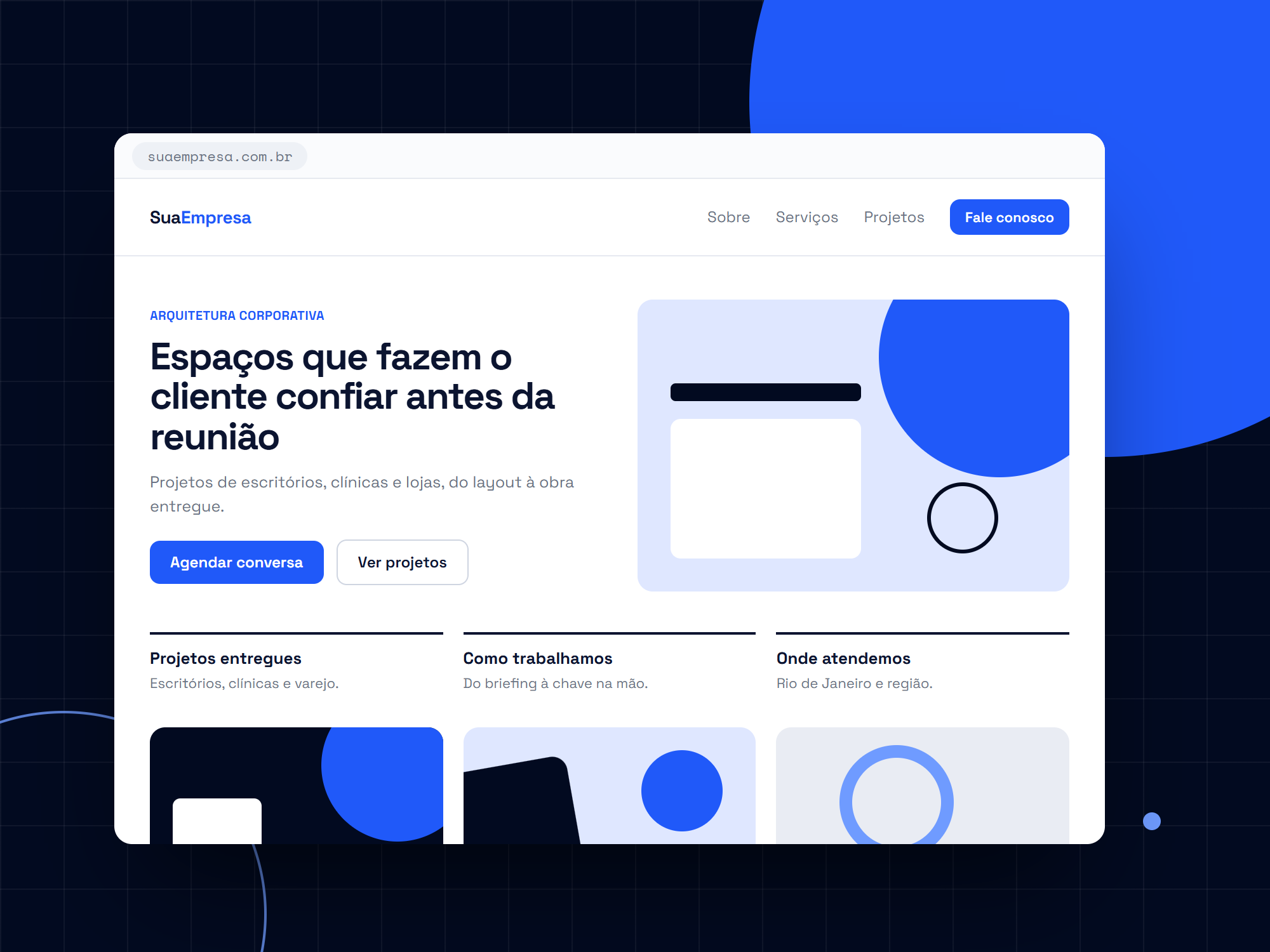 Site institucional de exemplo no computador, com abertura, contato e projetos