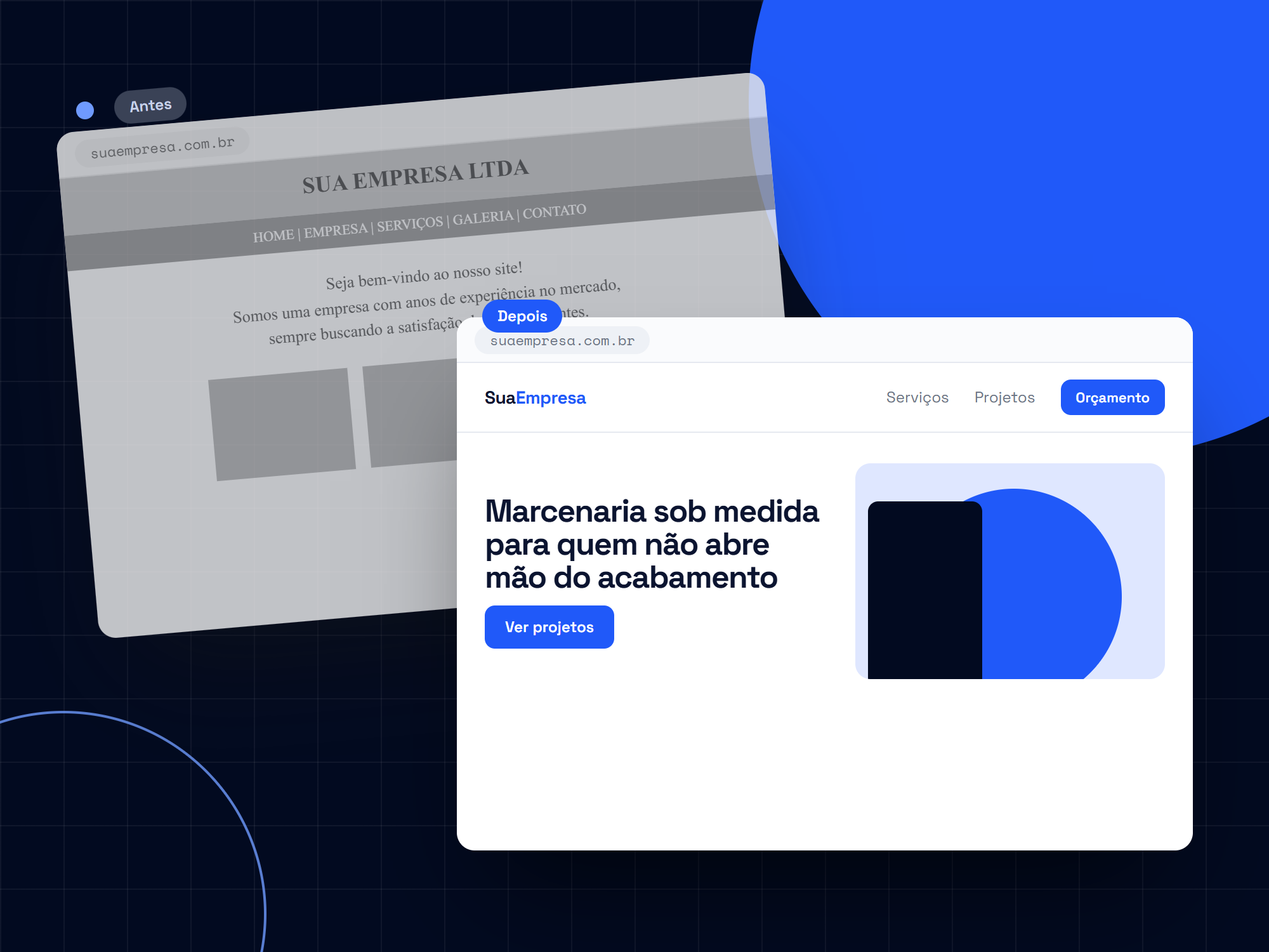 Um site antigo e datado ao fundo e o mesmo site redesenhado na frente